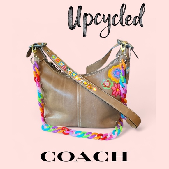 Coach C33-9566 Brown Leather Hobo Hand-Painted Upcycled Retro Floral Bag Art - Picture 1 of 13
